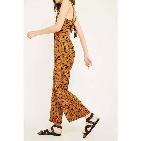 UO Ashley Linen Leopard Print Button Tie-Back Wide Leg Jumpsuit Size Medium - Picture 3 of 8